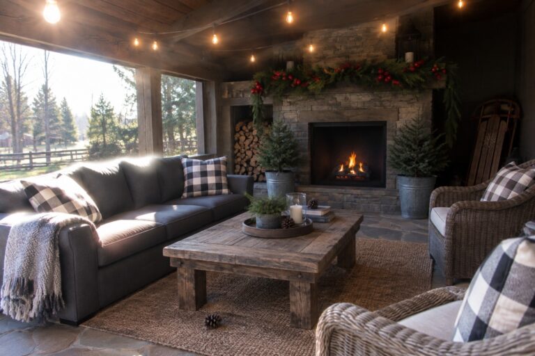 19 Cheerful Christmas Patio Decorating Ideas for a Welcoming Holiday Display Rustic stone fireplace lounge with wooden table, plaid pillows, holiday garlands and string lights