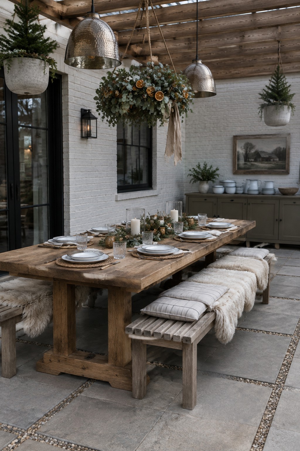 A long rustic wooden dining table set with plates and glasses on a covered patio, featuring a large hanging greenery arrangement with eucalyptus and dried oranges suspended above the center, and benches dressed with sheepskin throws and striped pillows.