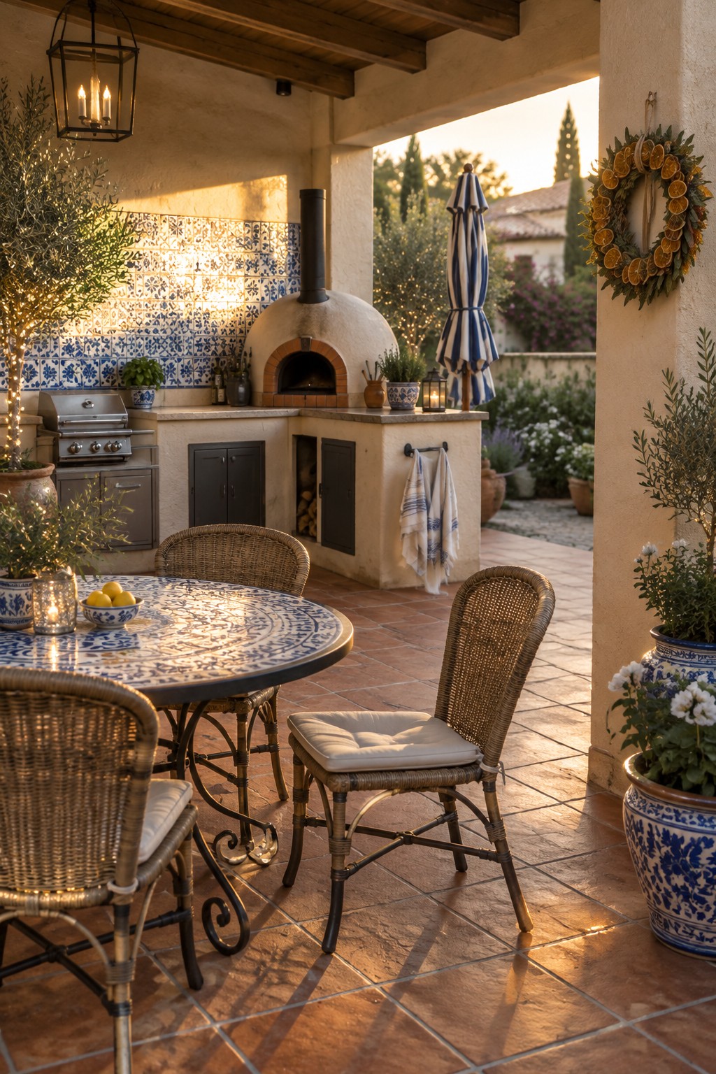 A covered patio with a round blue and white tiled table, wicker chairs, a built-in pizza oven, and a dried citrus wreath hanging on a pillar.