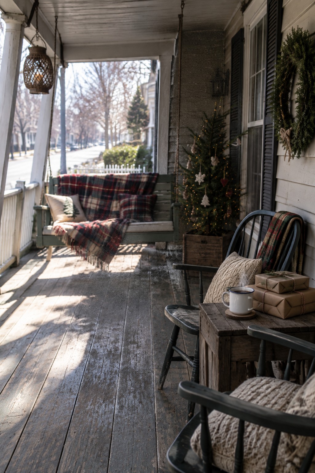 Rustic wooden porch with plaid swing, lit Christmas tree, wrapped gifts, and cozy chairs.