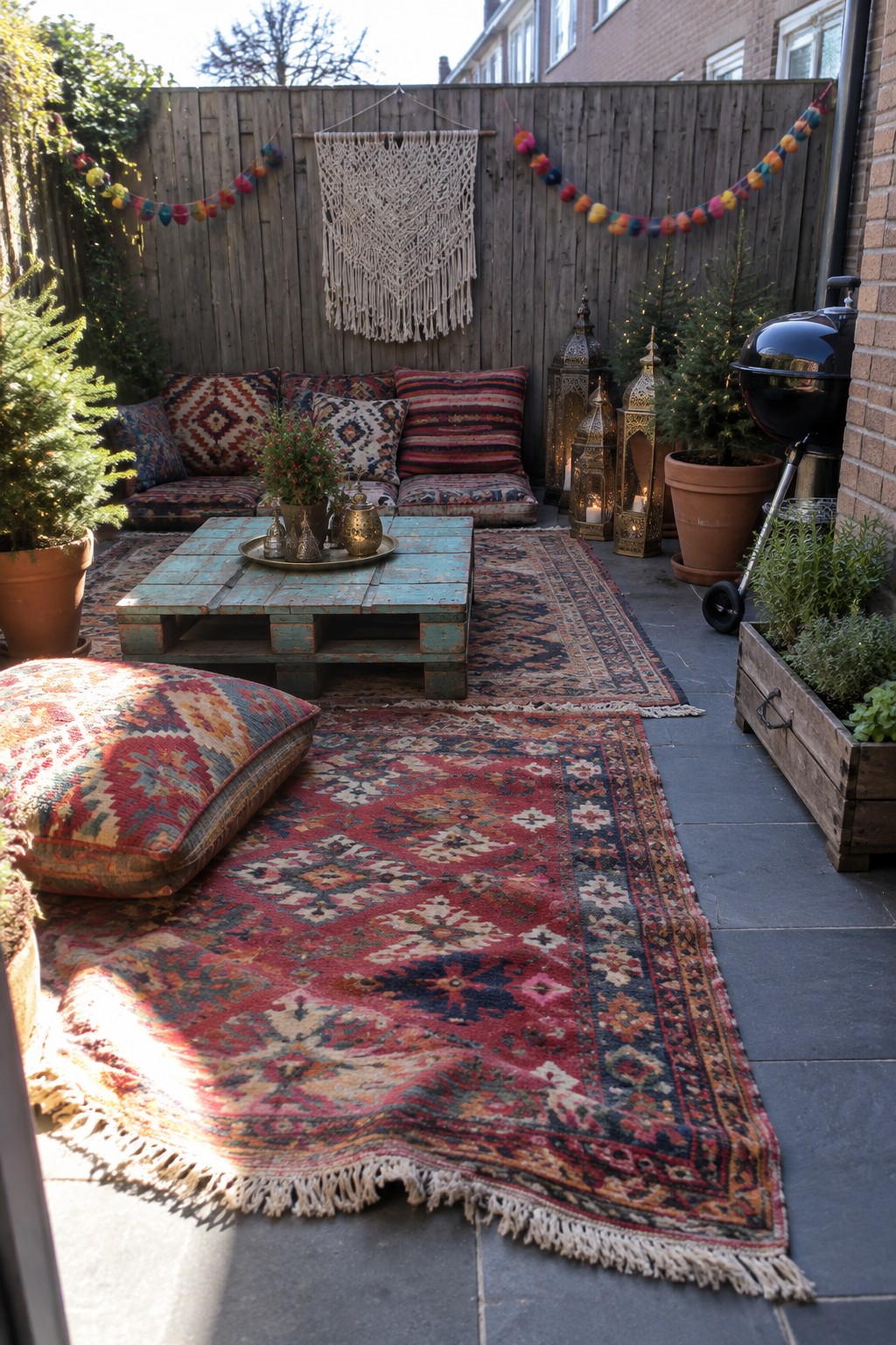 Cozy bohemian patio with colorful rugs, cushions, macrame, lanterns and pallet table