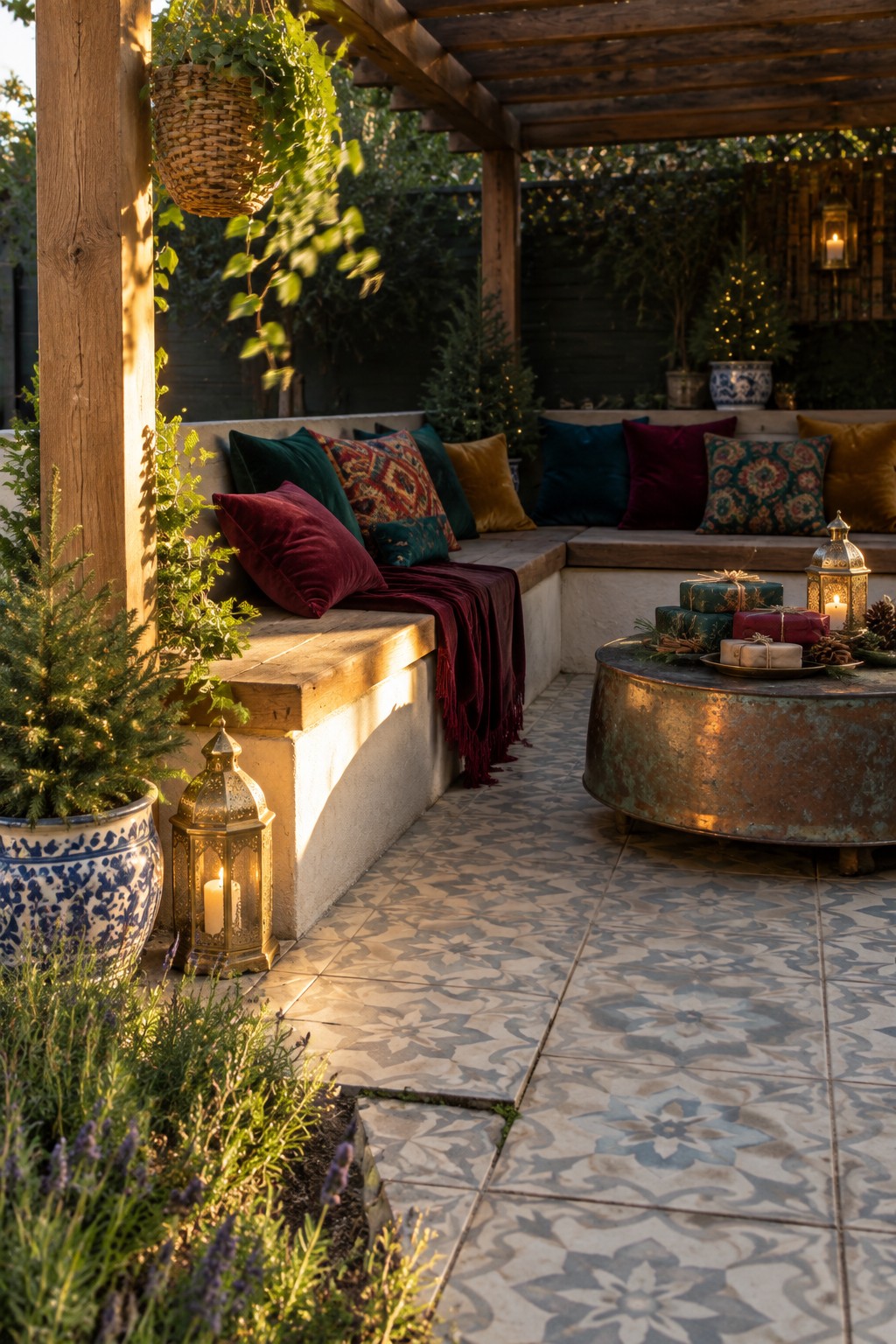 Outdoor patio with wooden built-in bench, colorful velvet pillows, red throw blanket, potted plants, and a round metal table holding stacked wrapped gifts and lit lanterns.