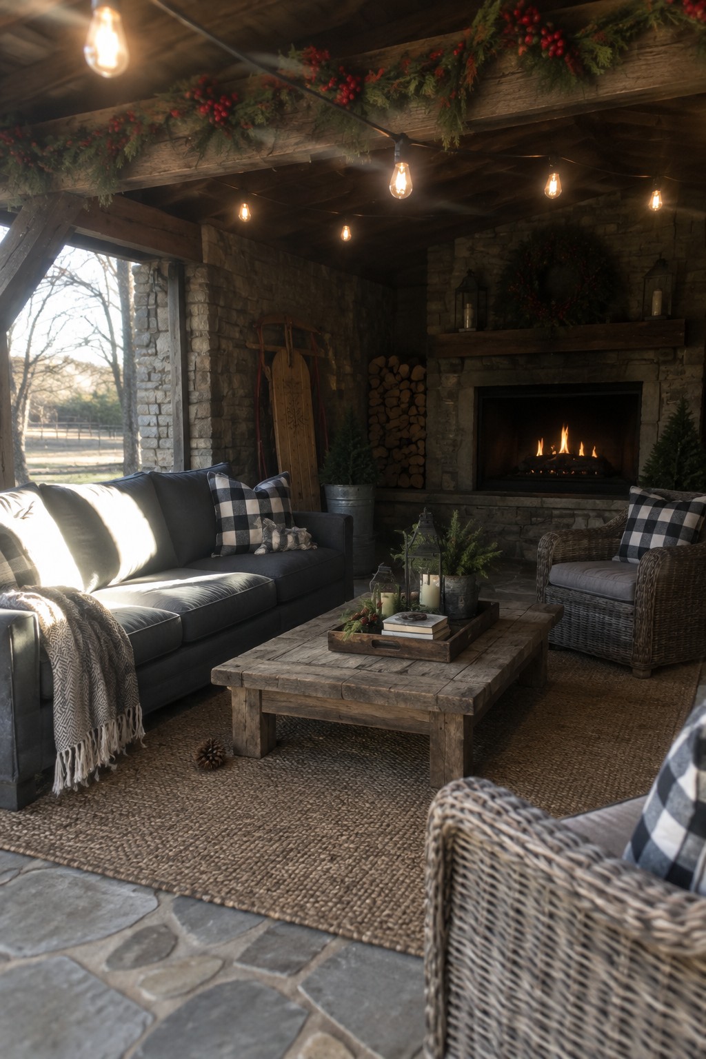 Rustic stone fireplace lounge with wooden table, plaid pillows, holiday garlands and string lights