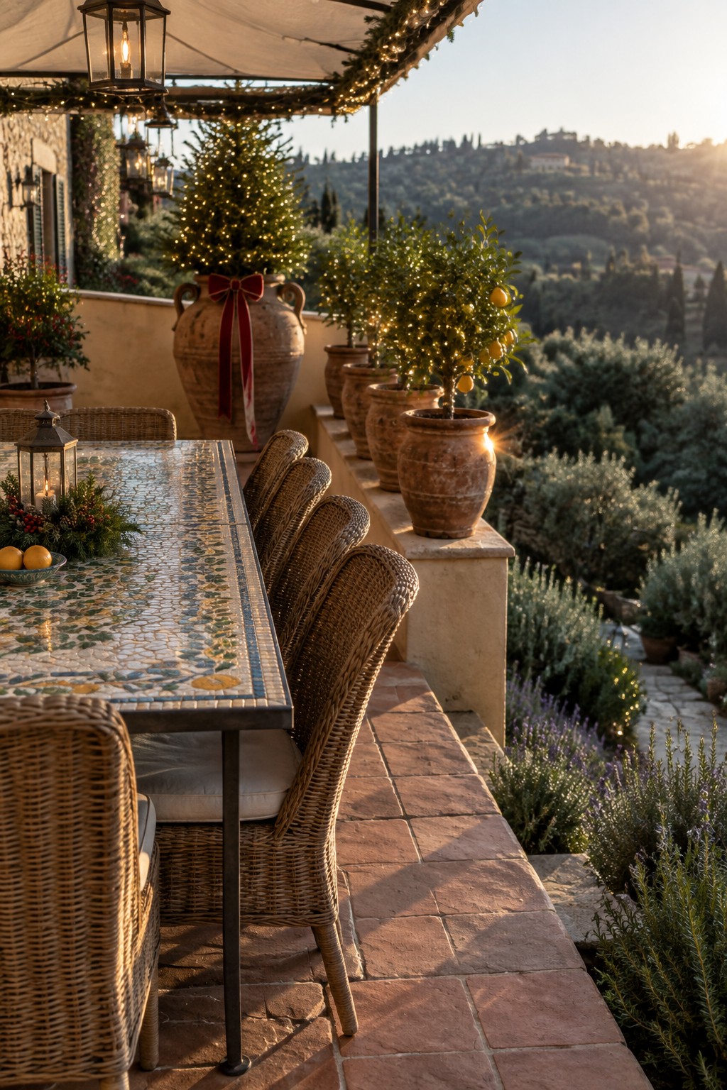 A stone patio dining table with wicker chairs, mosaic top, and several large terracotta pots holding lit evergreen and citrus trees at sunset.
