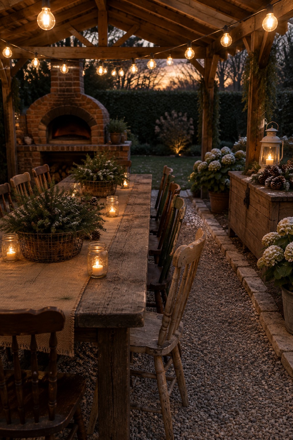 A long rustic wooden table with chairs sits under string lights on a covered patio, with potted plants, a burlap runner, and a brick oven visible in the background.