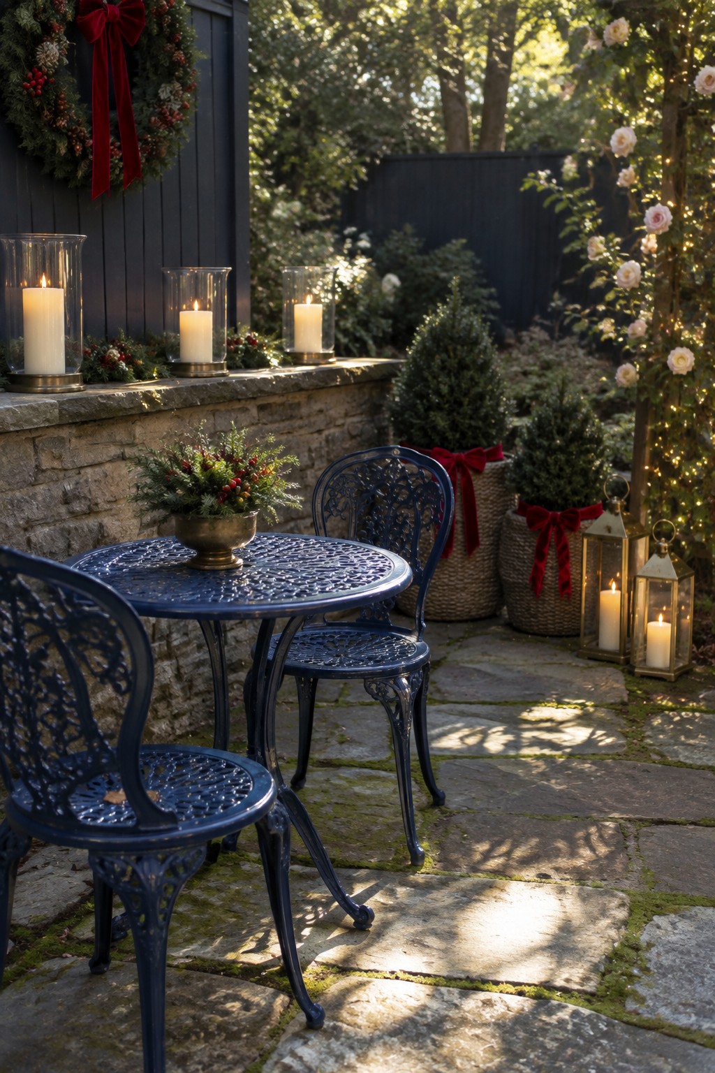 A blue metal patio table and chairs on a stone patio with lit candles in glass holders, small evergreen trees with red bows, and a Christmas wreath on the wall.