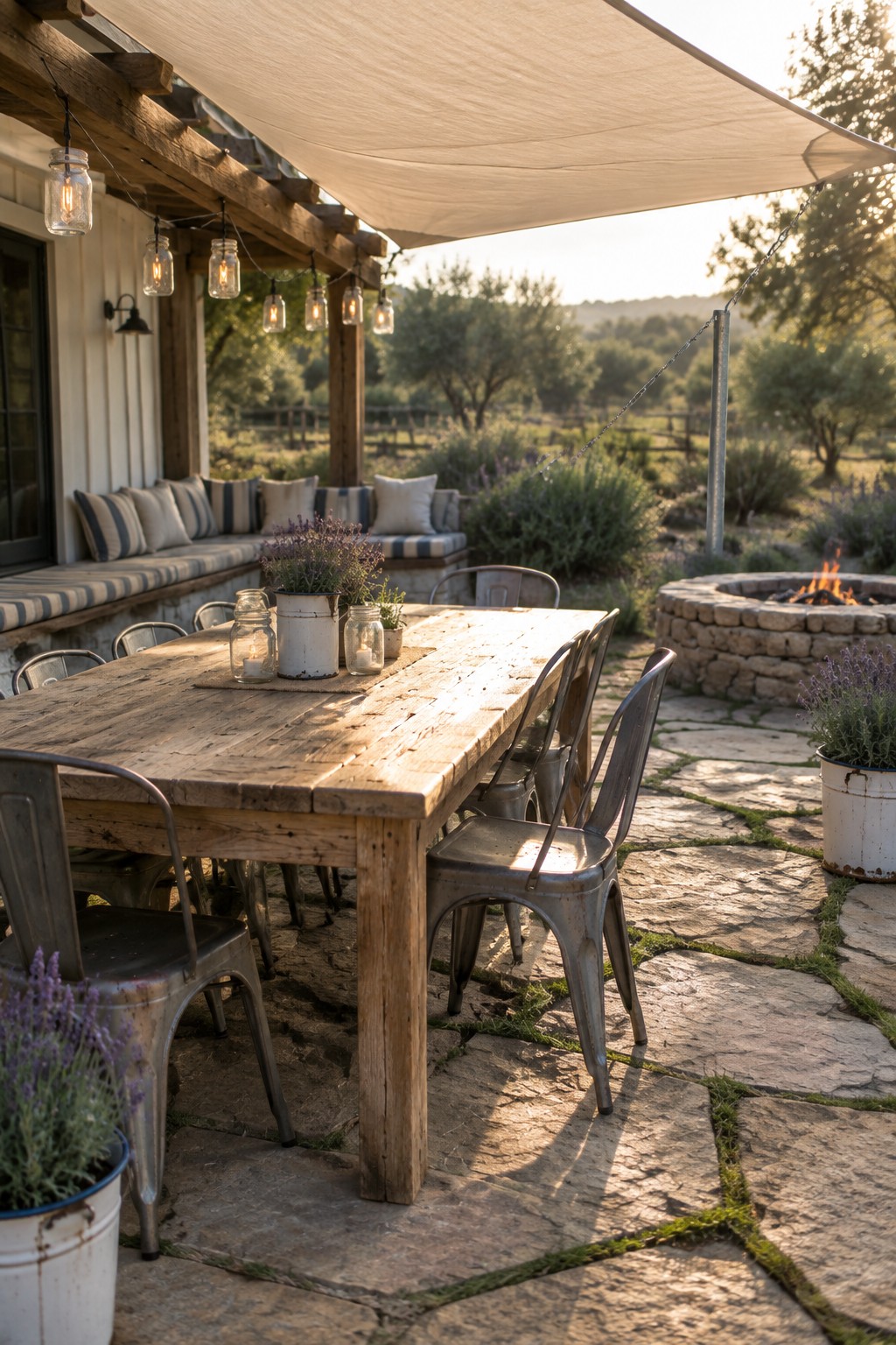 A wooden outdoor dining table with metal chairs sits under a large white fabric shade sail on a stone patio, with string lights and a fire pit nearby.