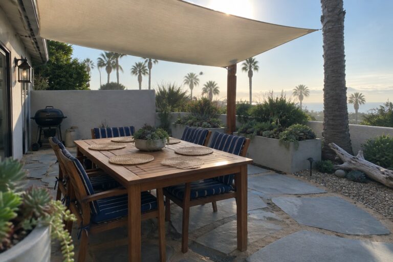 19 Clever Patio Shade Ideas on a Budget Using Outdoor Sail Shades A wooden outdoor dining table with woven chairs sits under a large triangular beige shade sail on a stone patio with plants and a palm tree nearby.