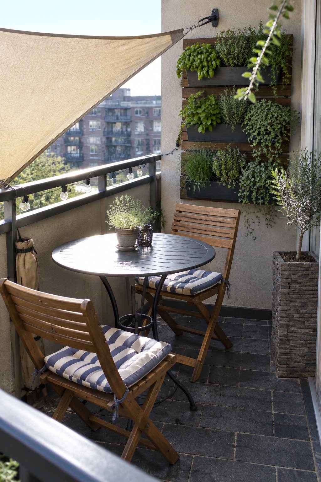 A small urban balcony with a beige triangular sail shade stretched over a round table and two wooden chairs with striped cushions, next to a wall-mounted vertical garden.