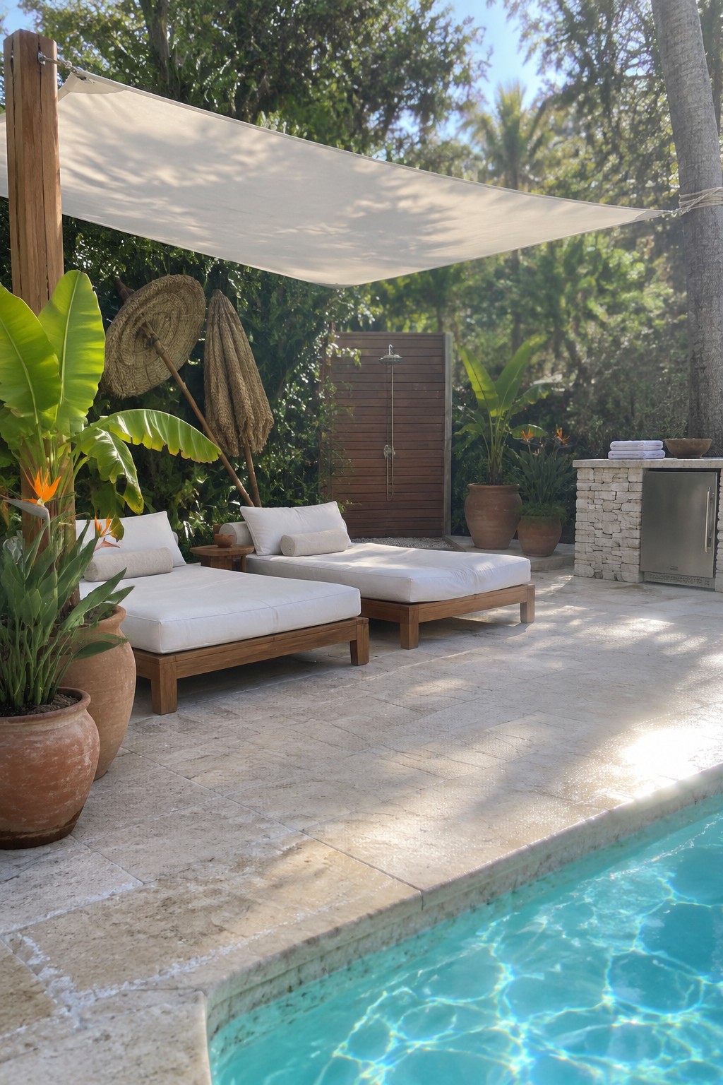 A white rectangular sail shade stretched over two wooden lounge chairs with white cushions beside a swimming pool, with potted plants and an outdoor shower visible in the background.