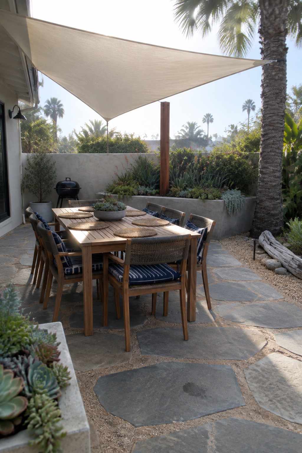 A wooden outdoor dining table with woven chairs sits under a large triangular beige shade sail on a stone patio with plants and a palm tree nearby.