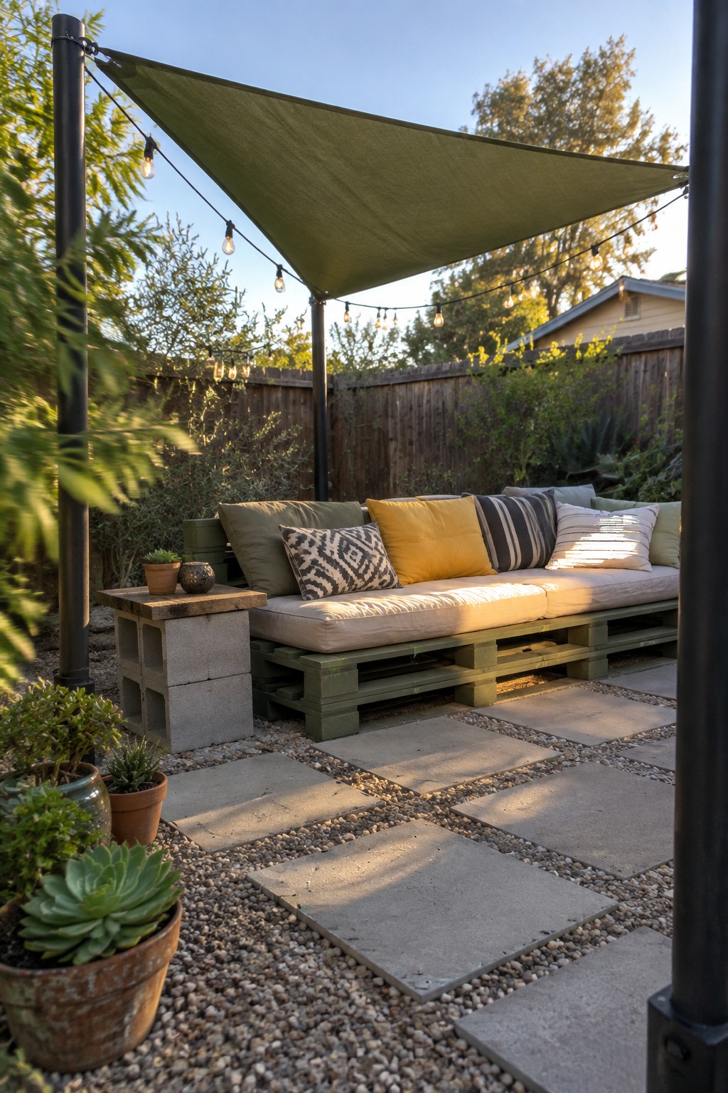 A green triangular sail shade is suspended over a green pallet sofa with cushions on a gravel and paver patio, with string lights attached to the posts.