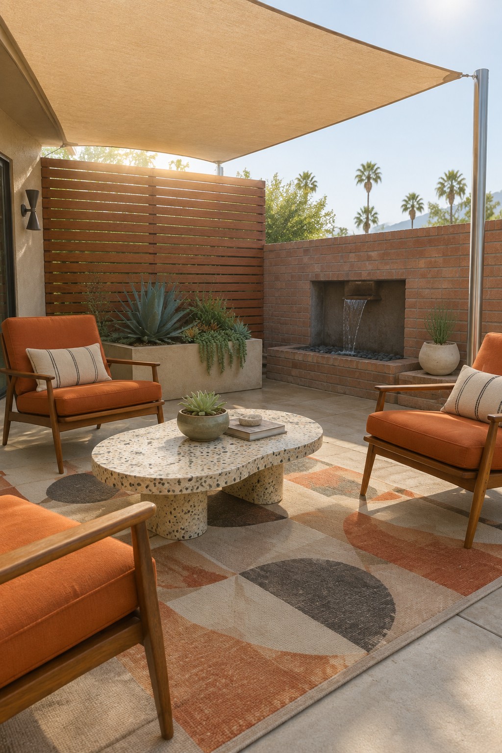 A patio seating area with orange armchairs, a terrazzo coffee table on a patterned rug, a brick wall with a small water feature, plants, and a large beige fabric shade sail stretched overhead.