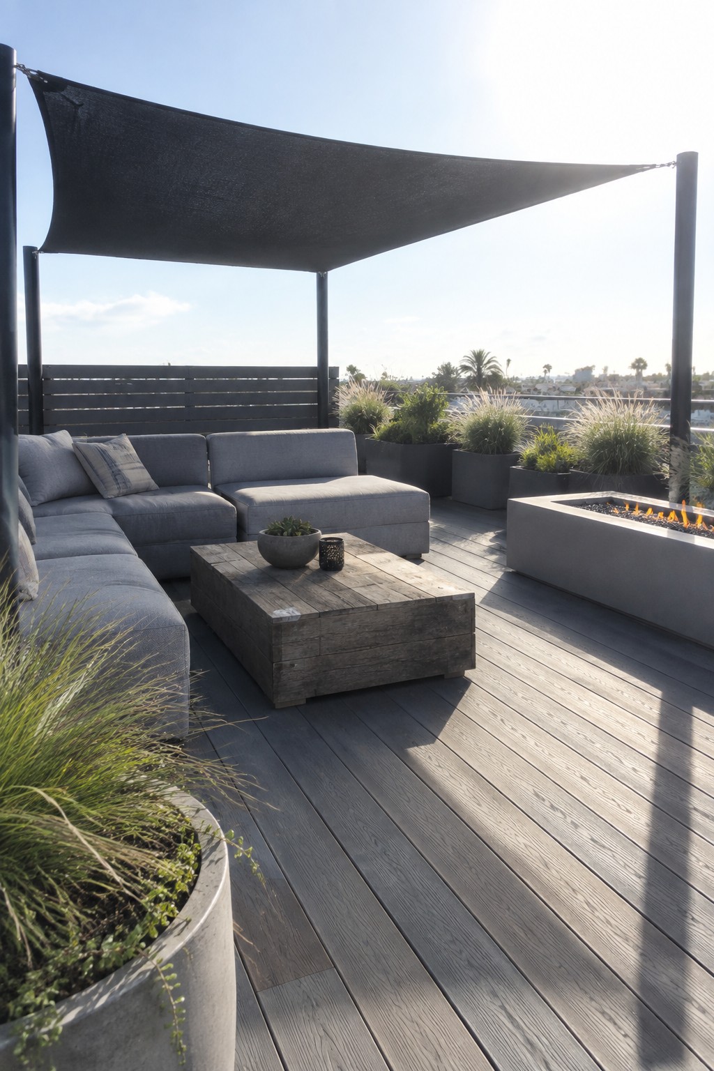 A rooftop patio with gray sectional sofas, a wooden coffee table, potted plants, a concrete fire pit, and a large black triangular shade sail stretched overhead.
