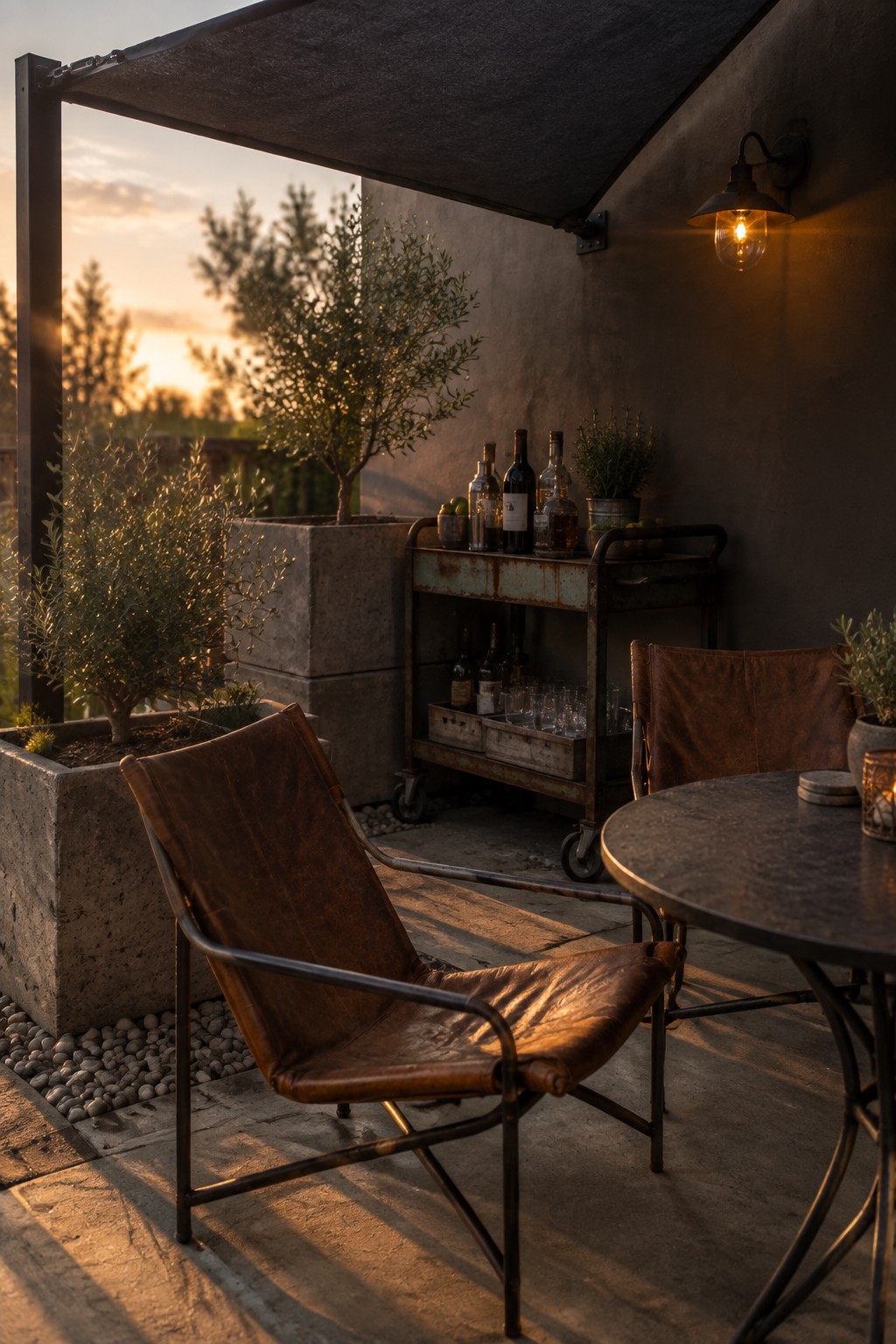 A patio with two brown leather chairs, a round metal table, a rusted bar cart, concrete planters, and a dark fabric shade sail stretched overhead.