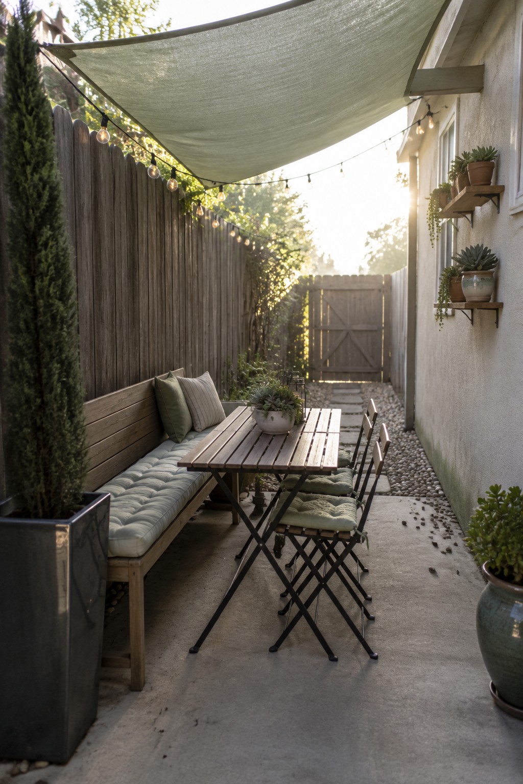 Backyard patio with cushioned bench, wooden table, folding chairs, string lights and plants
