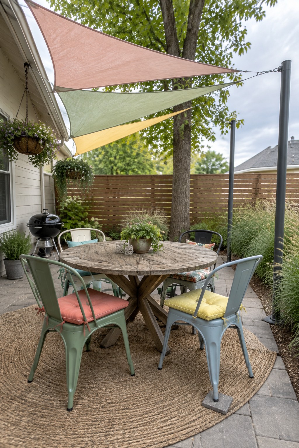 Round wooden table with colorful metal chairs on woven rug under shade sails