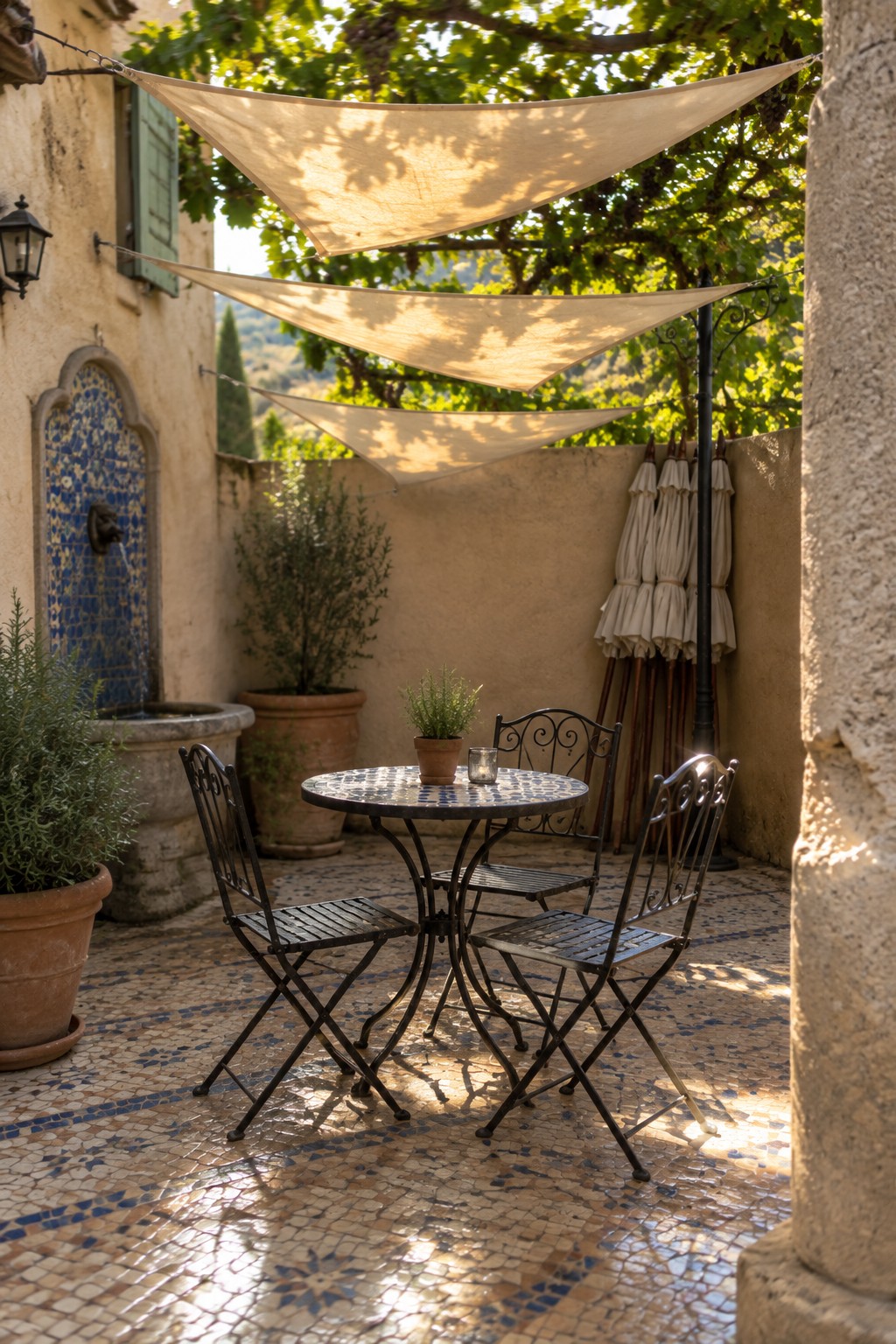 A patio with a round mosaic table and four black metal chairs shaded by three layered beige triangular sail shades, with potted plants and a stone fountain visible in the background.