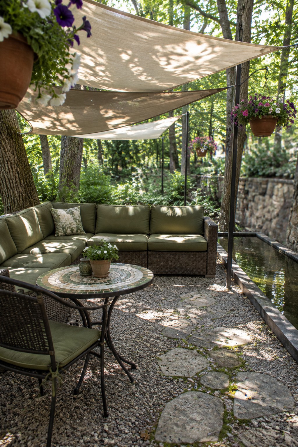Outdoor patio with green sectional sofa and mosaic table under overlapping beige sail shades, beside a narrow water channel and gravel path with stone pavers.