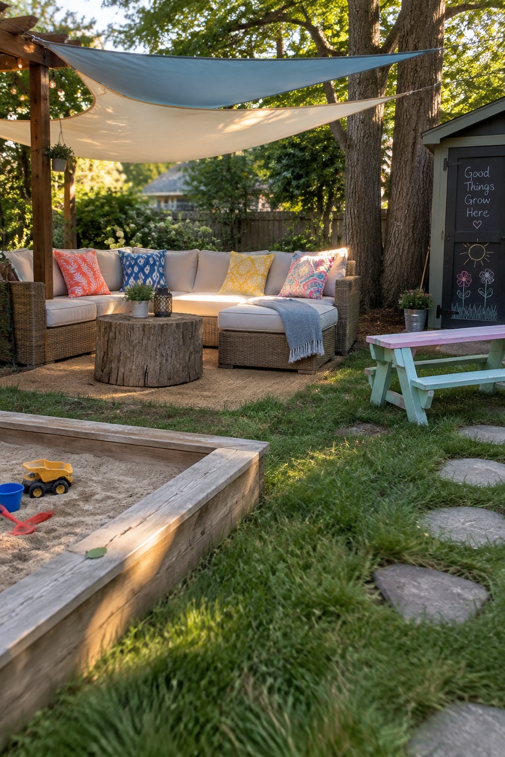 A backyard patio with a wicker sectional sofa under two overlapping sail shades, one blue and one white, next to a wooden sandbox and a small shed.