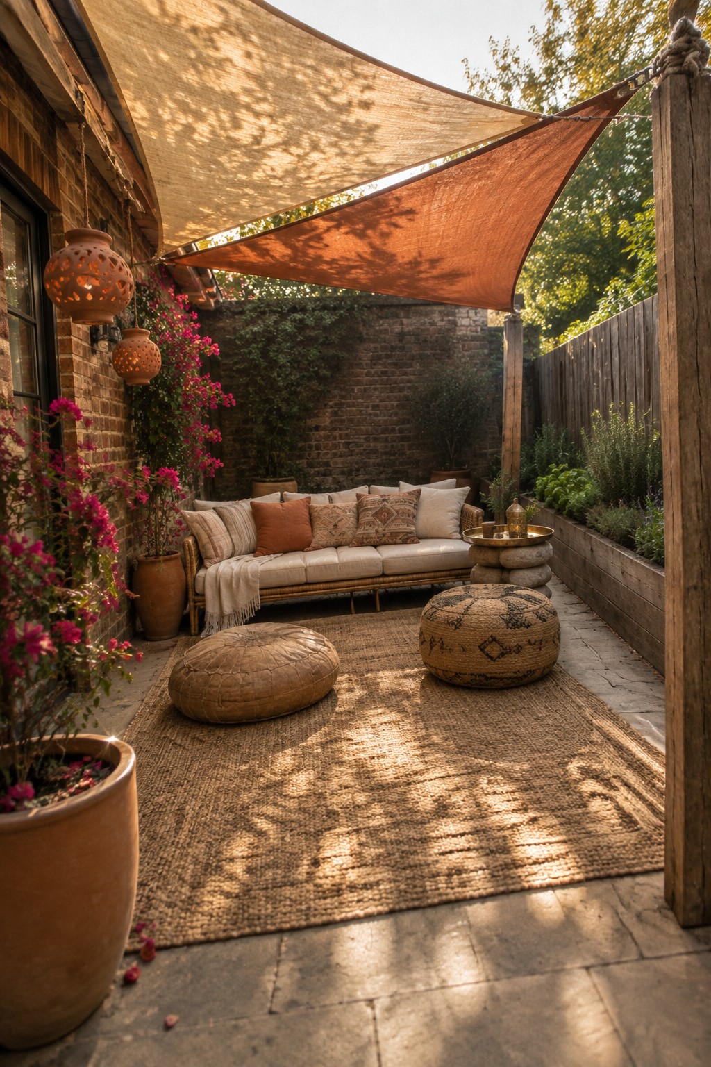 A terracotta sail shade stretched over a patio with a sofa, two floor poufs, and a jute rug on stone pavers next to a brick wall.