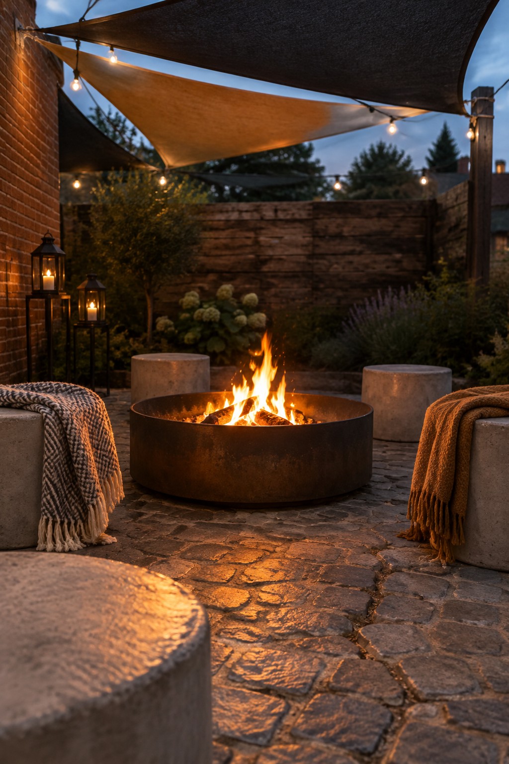 A round metal fire pit with burning wood sits on a cobblestone patio beneath dark triangular sail shades strung with lights, flanked by concrete stools and folded blankets.