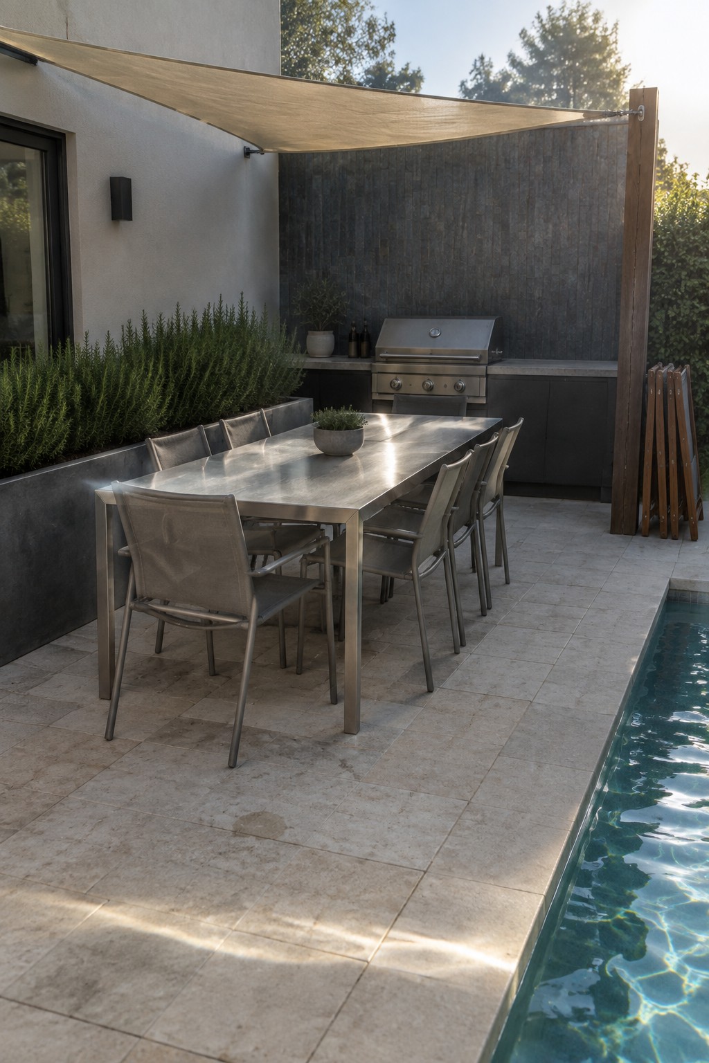 A long stainless steel dining table with gray chairs sits under a large beige triangular shade sail on a stone patio beside a swimming pool, with a built-in grill against a dark wall in the background.