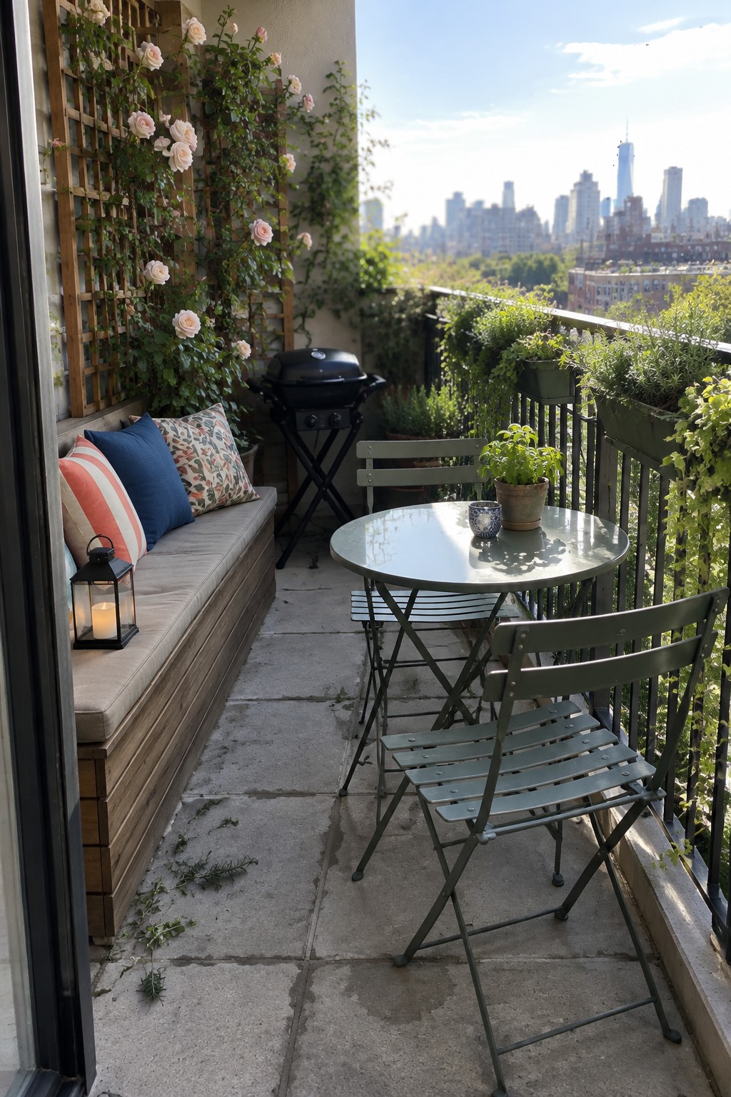 Cozy balcony with rose trellis, green bistro set, grill, and city skyline view.
