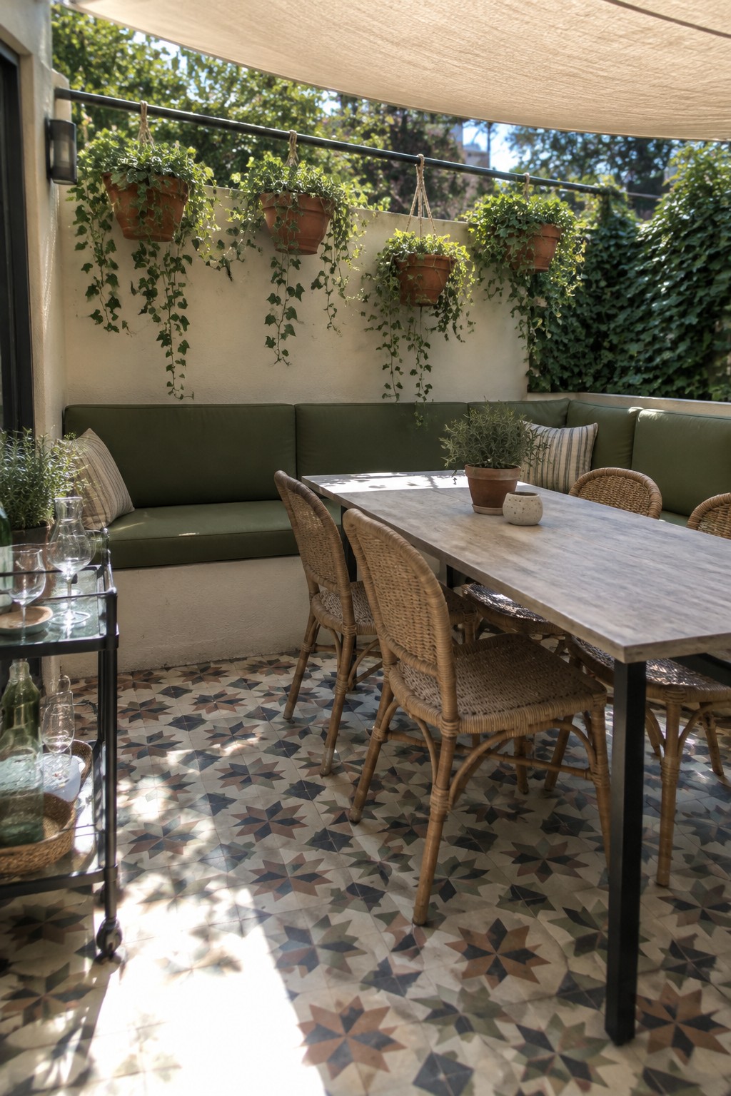 Outdoor patio with long wooden table, wicker chairs, green bench, hanging plants, and patterned tiles.