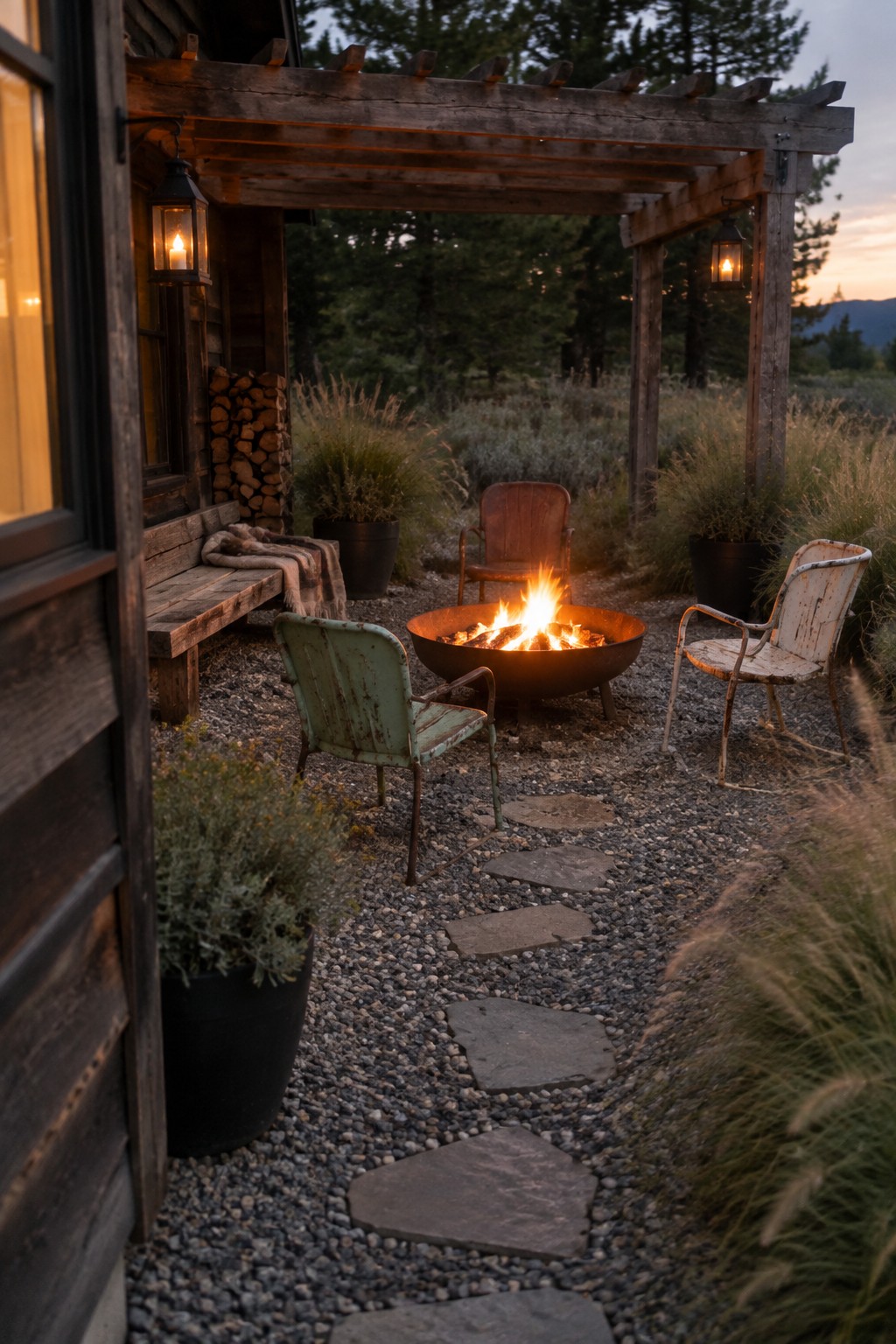 Rustic fire pit with vintage chairs under wooden pergola at twilight near cabin.