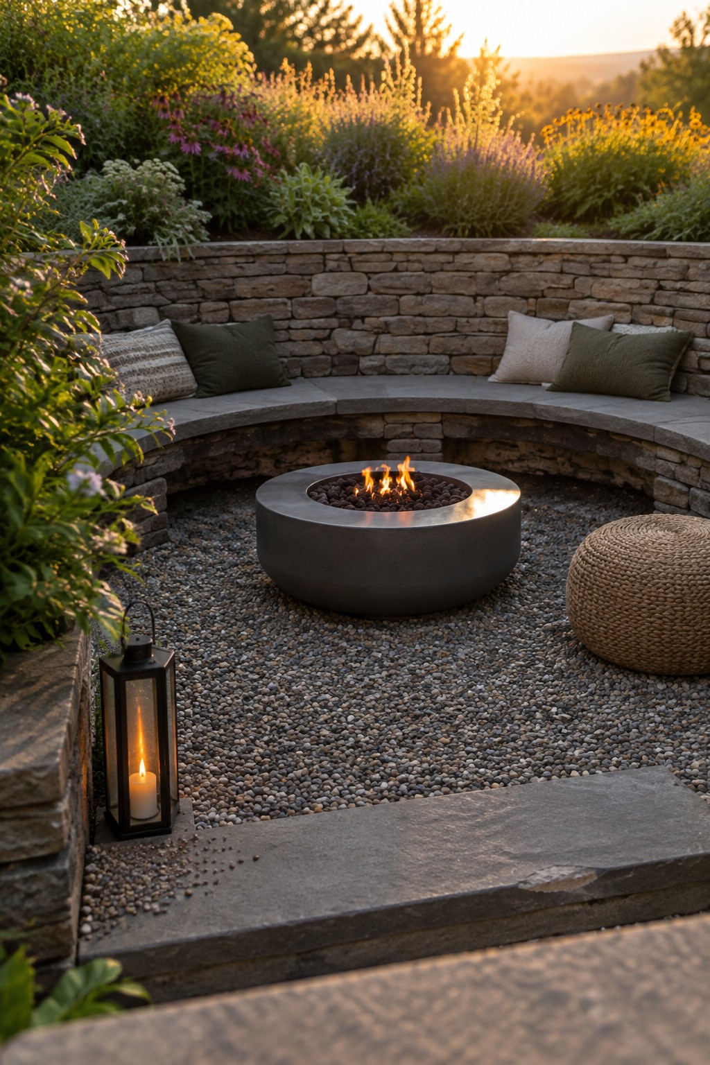 A round metal fire pit with flames sits centered on a gravel patio, surrounded by a curved stone bench with cushions and a lit lantern on the left.