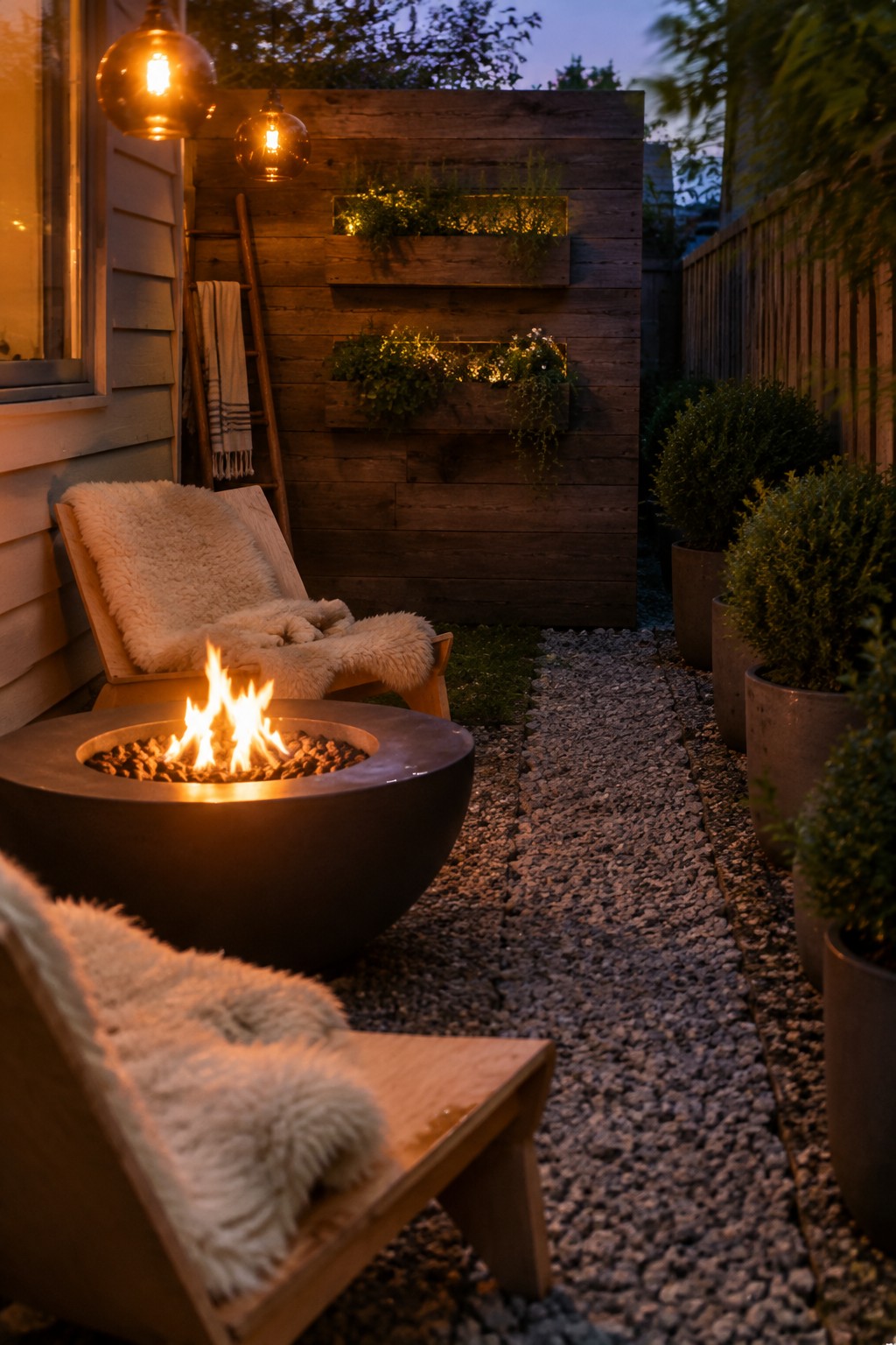 Cozy patio with fire pit, fur-covered wooden chairs, hanging lights, and glowing planters
