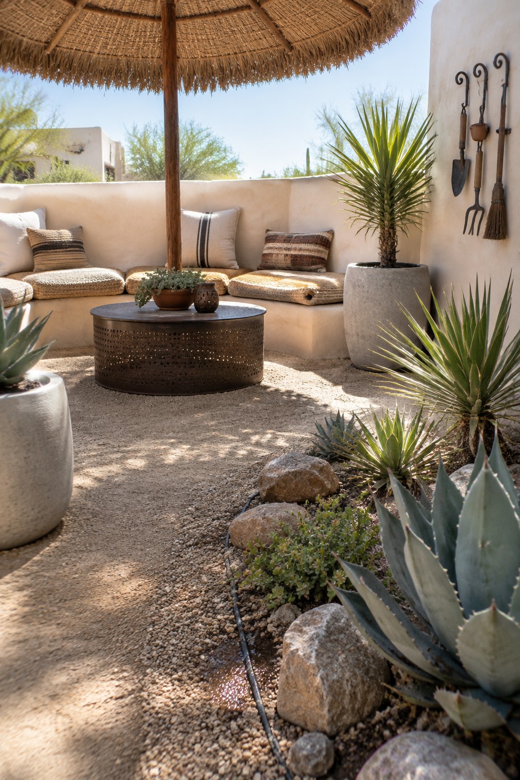 A small outdoor patio features a round perforated metal fire pit table centered under a large thatched umbrella, with built-in cushioned seating along an adobe-style wall and potted plants on gravel ground.