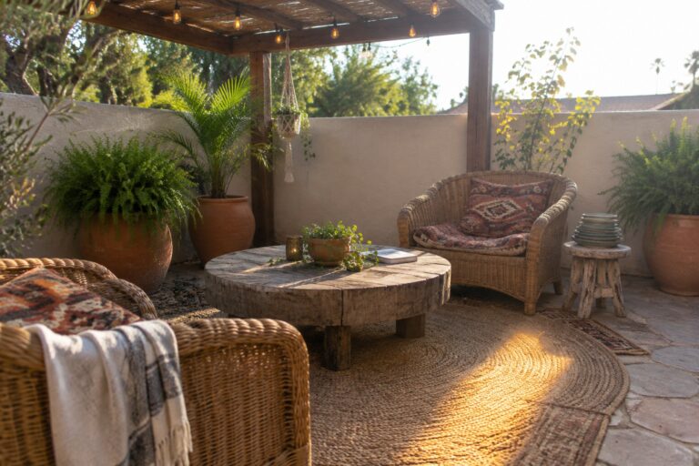 19 Cozy Small Patio Decor Ideas for a Relaxing Outdoor Retreat Sunlit patio with wicker chairs, round wooden table, woven rug, and potted plants