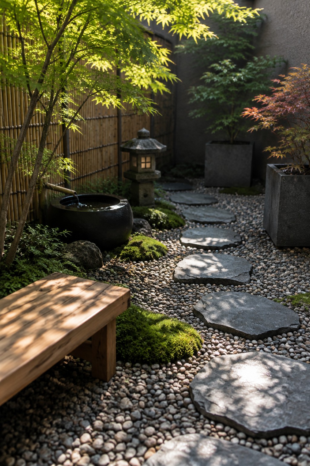 Japanese zen garden with stone lantern, bamboo fountain, moss, stepping stones and bench