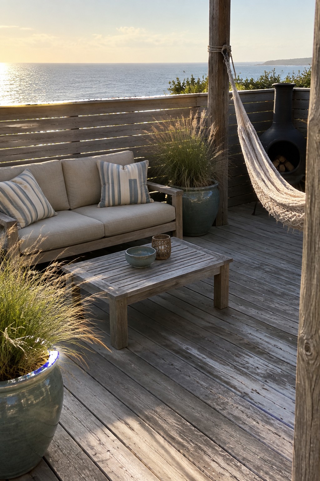 A wooden deck patio with a beige sofa, coffee table, potted grasses, black fireplace, and a white hammock hanging from a post overlooking the ocean.