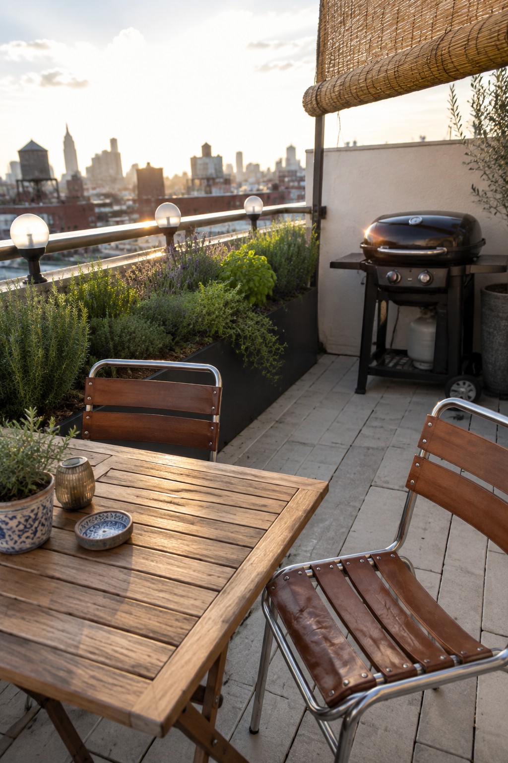 A wooden outdoor dining table with two chairs on a paved rooftop terrace next to a long black planter box filled with green plants and purple flowers, with a black grill visible to the right and a city skyline in the background.