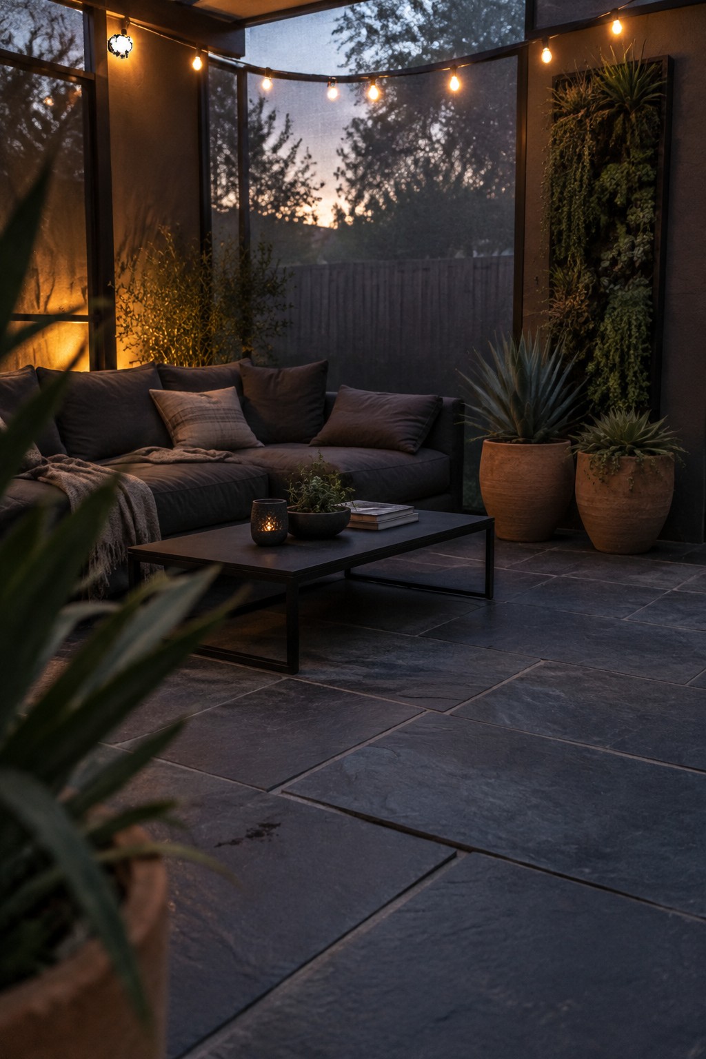 A covered outdoor patio at dusk with a dark sectional sofa, coffee table, string lights overhead, potted plants, and a vertical garden on a stone floor.