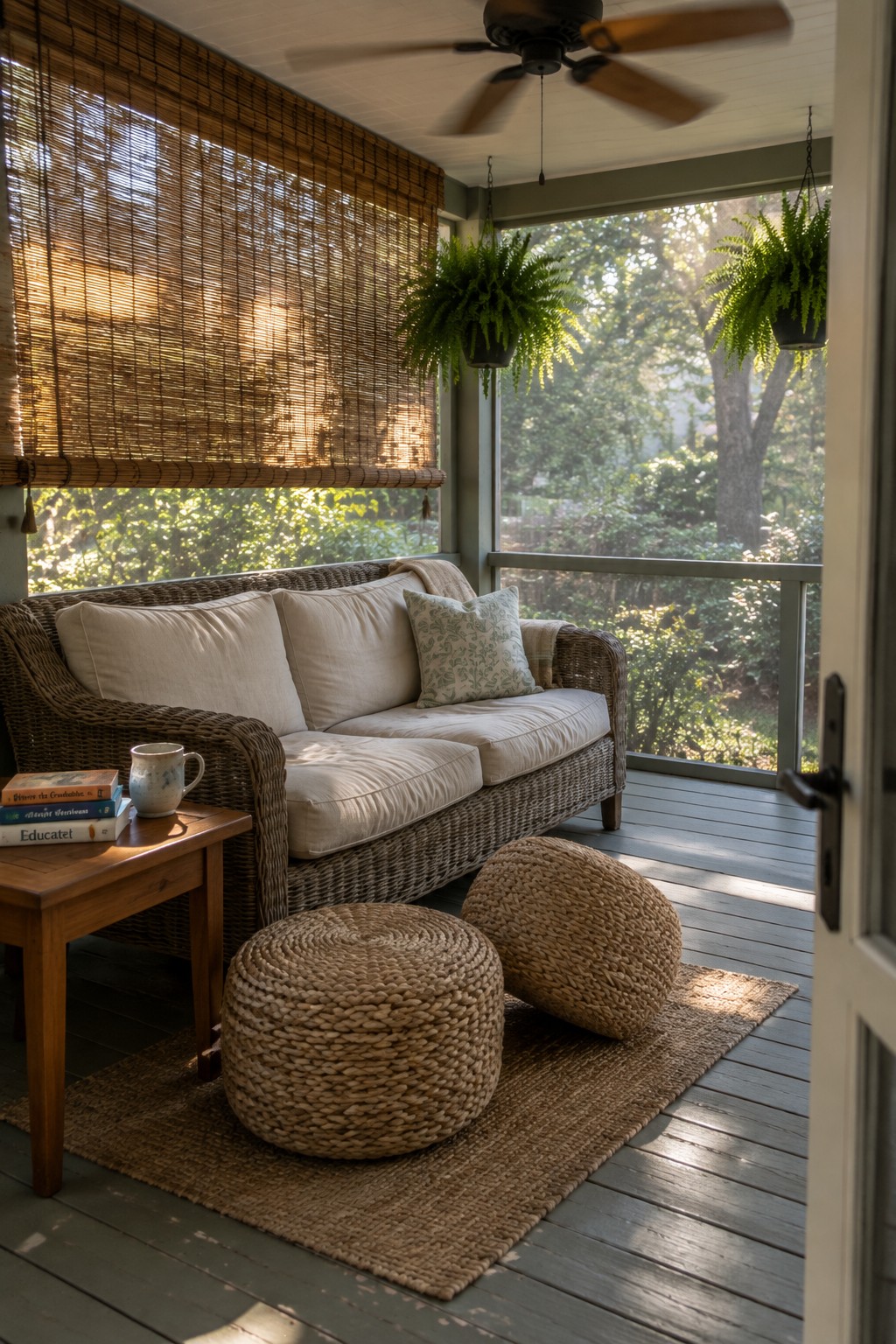 A screened porch with a wicker sofa, two round woven ottomans on a jute rug, hanging ferns, and bamboo shades overlooking trees.