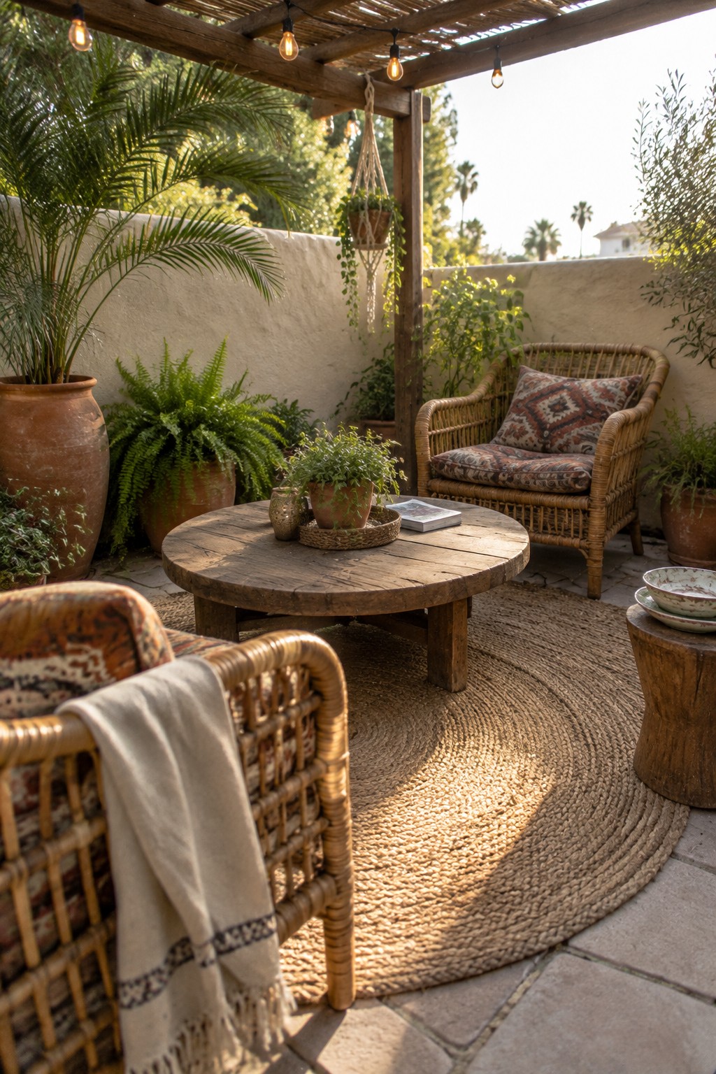 Sunlit patio with wicker chairs, round wooden table, woven rug, and potted plants