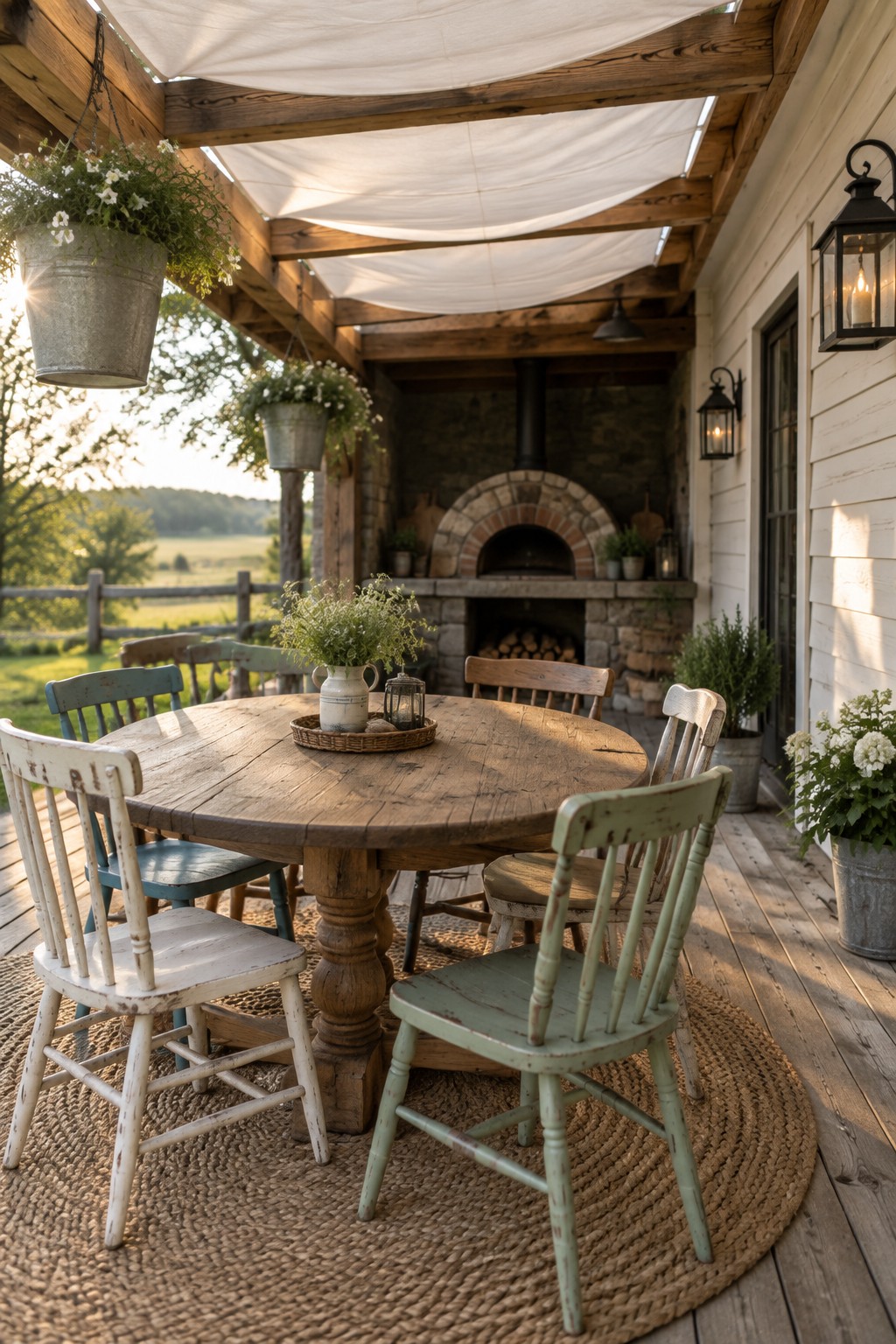 A rustic wooden pergola with a white fabric canopy stretched across the beams, covering a round dining table and mismatched chairs on a deck beside a stone outdoor oven.
