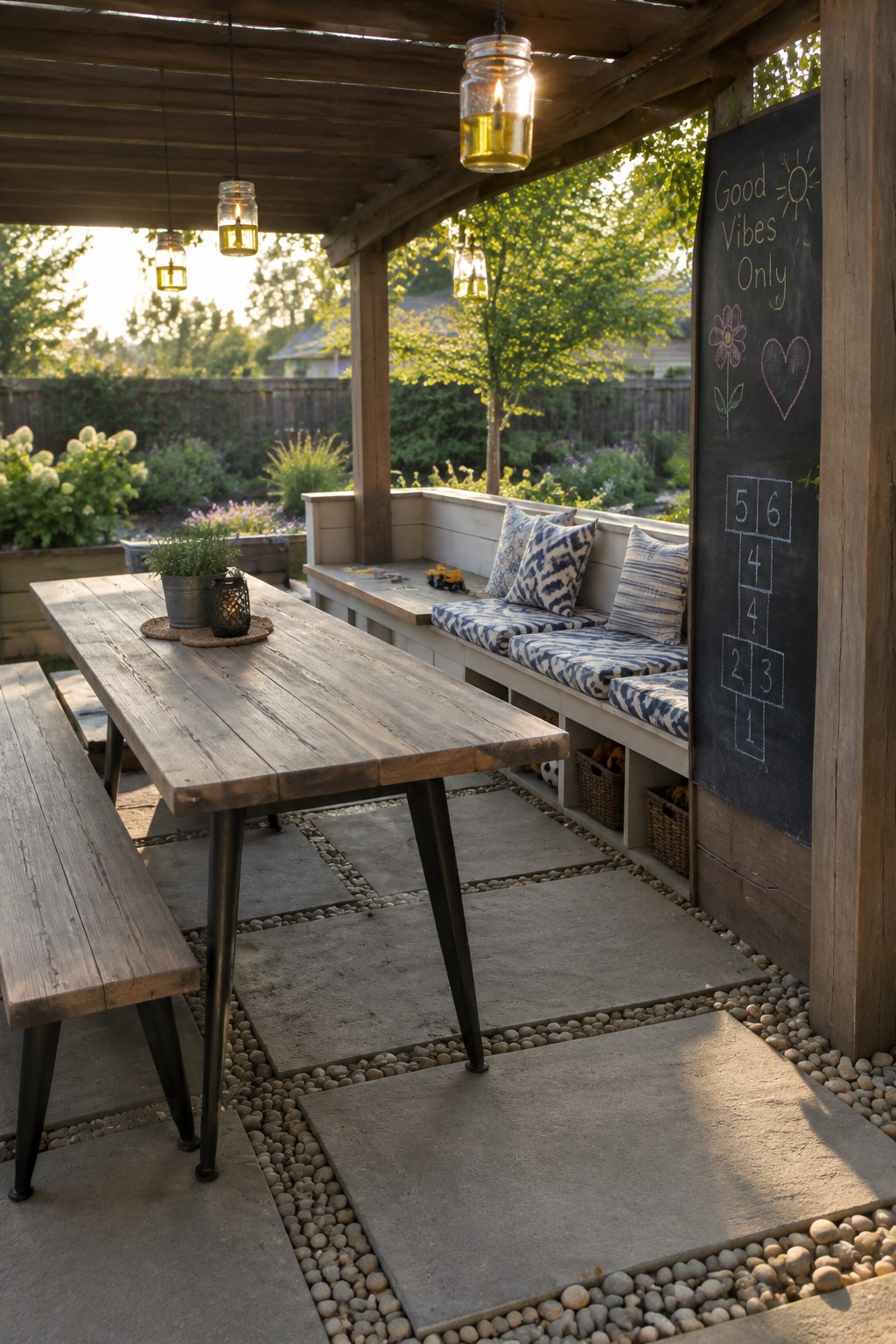A wooden pergola covers a patio with a long built-in bench along one side, blue patterned cushions, a rustic table with black legs, hanging mason jar lights, and a chalkboard panel on the right post.