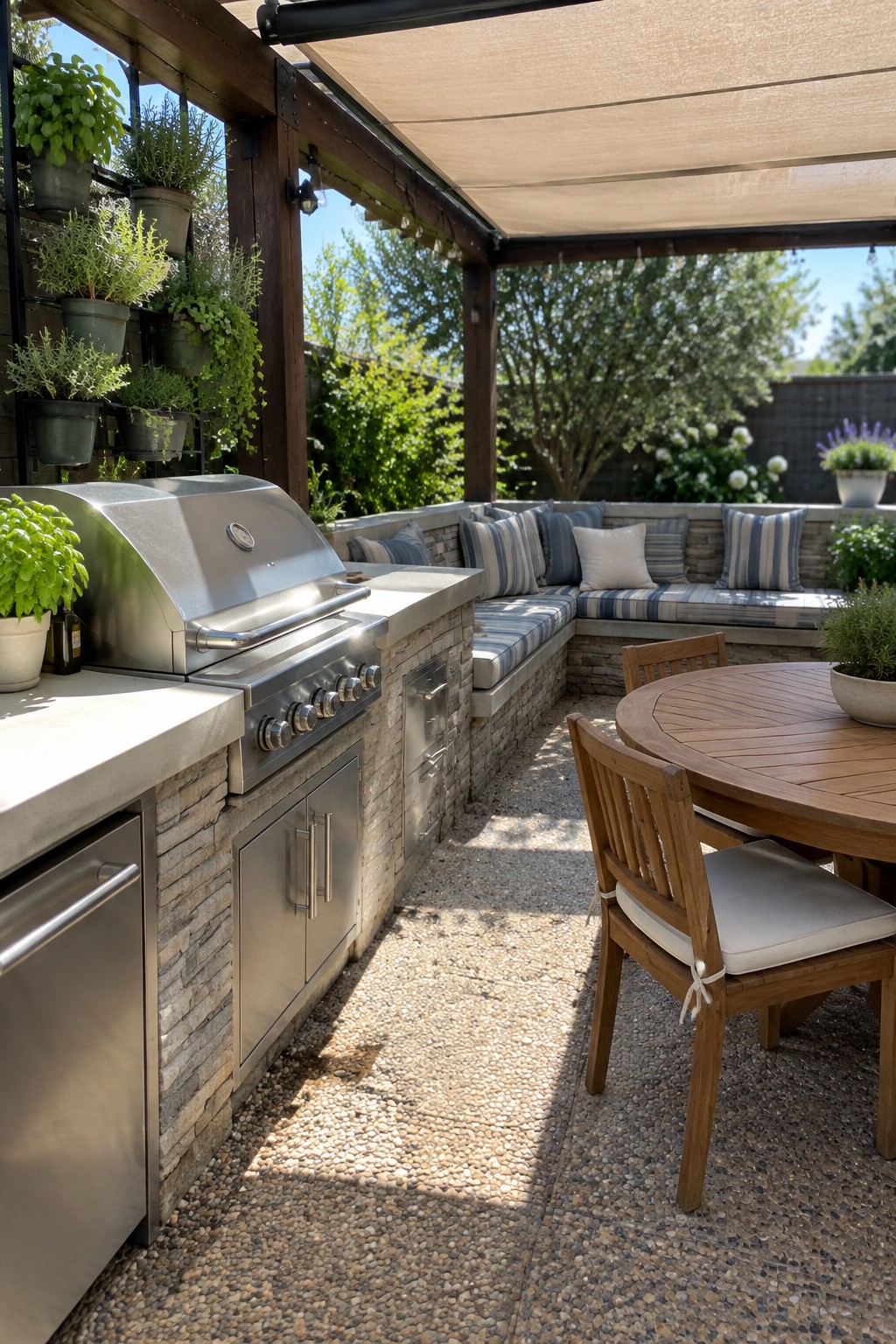 Outdoor patio kitchen with stainless grill, stone counters, round wooden table, and cushioned bench.