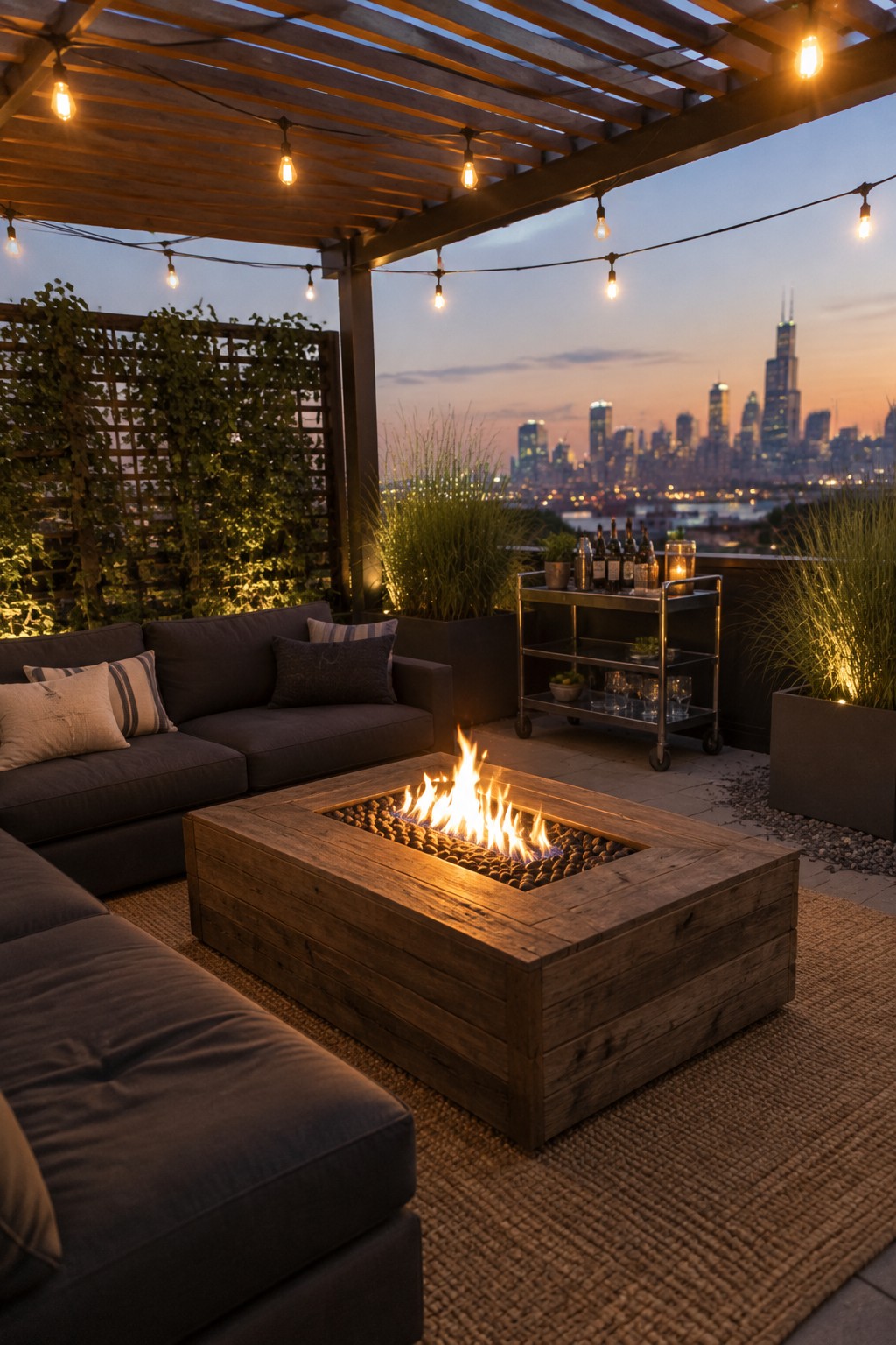 Rooftop patio with burning fire pit, sofas, string lights, bar cart, and skyline at dusk