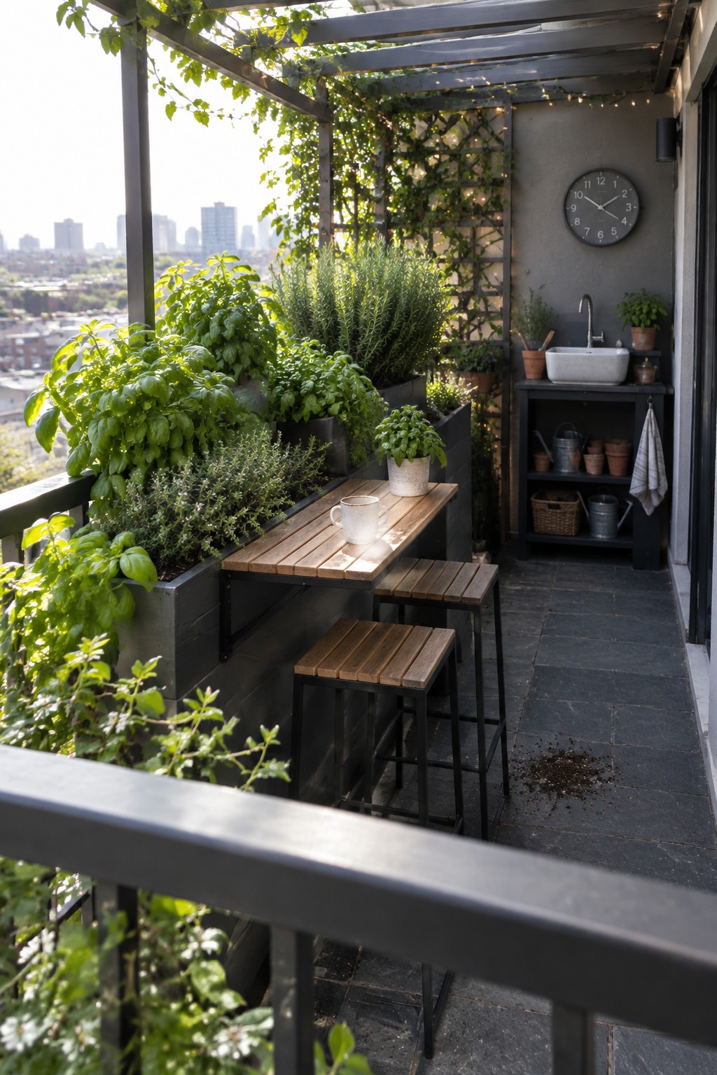 A balcony with a wooden bar table and stools under a metal pergola covered in climbing vines, surrounded by large herb planters and a small sink area.