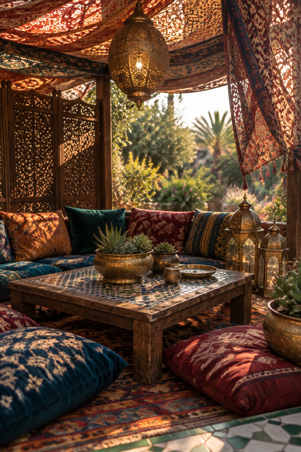 An outdoor seating nook under a wooden pergola covered in layered patterned fabrics, with cushions, a low mosaic table, and brass lanterns.