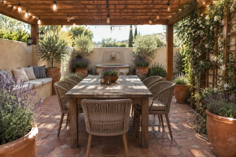 18 Creative Patio Pergola Decorating Ideas Built Around Shade, Seating, and Style A wooden pergola with string lights over a long dining table and woven chairs on a brick patio, with potted plants and a stone fountain in the background.