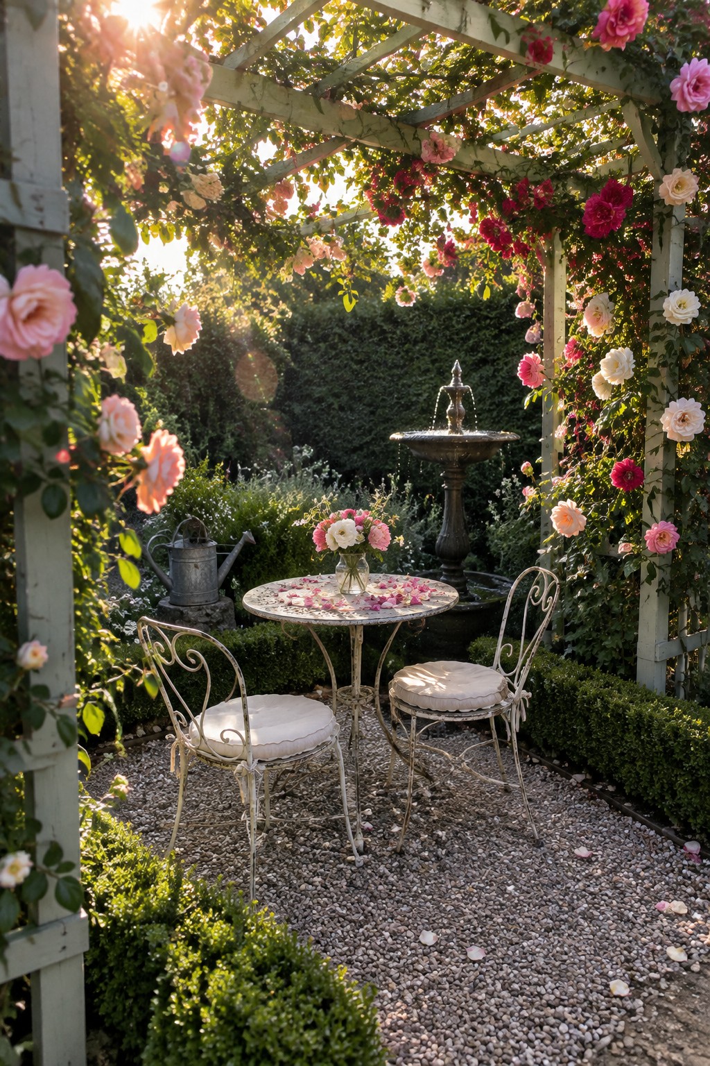 Sunlit garden table with chairs under pink rose-covered pergola beside stone fountain