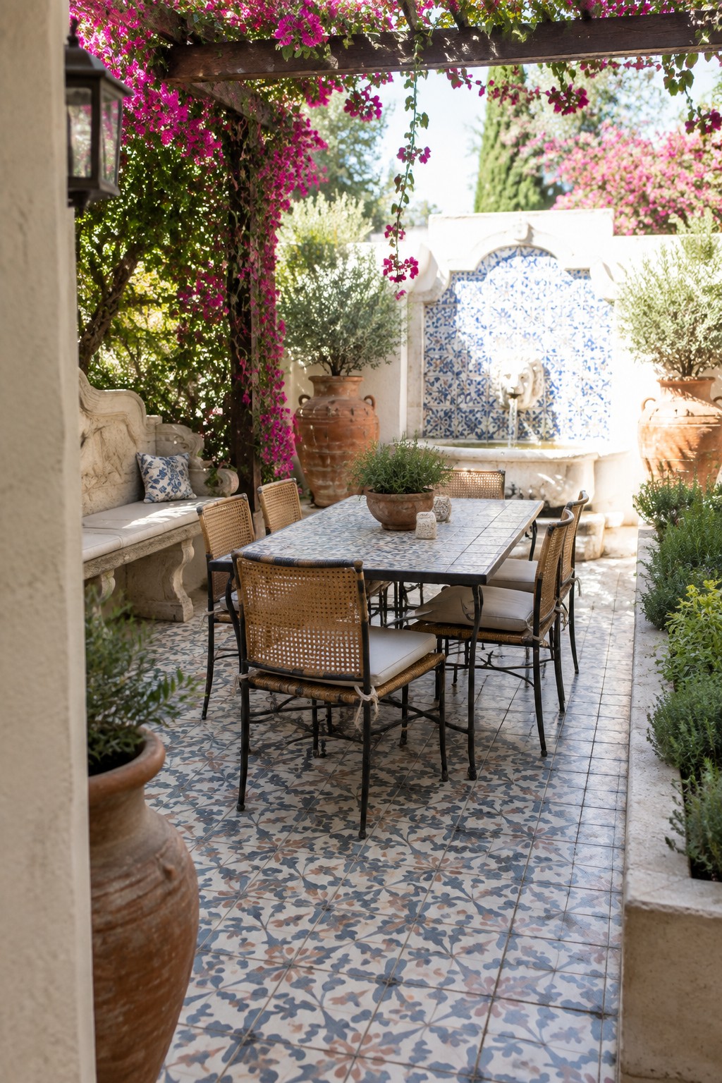 A patio with a wooden pergola draped in pink flowering vines over a tiled dining table and woven chairs, with a blue and white tiled fountain visible in the background.