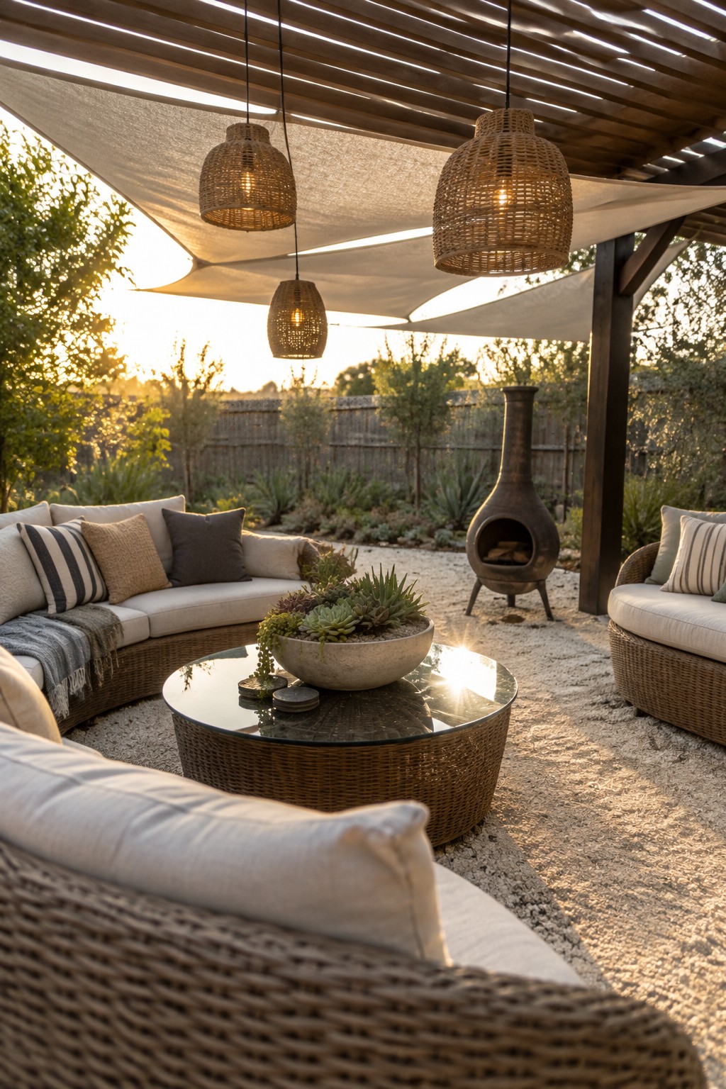 Cozy outdoor patio with wicker sofas, round table, hanging lanterns, and chiminea at sunset